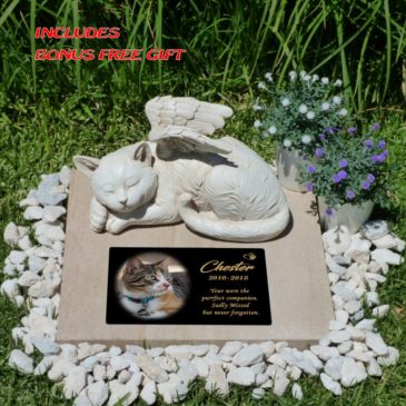 Angel Cat Figurine Statue with Personalised Memorial Plaque + Key Tag